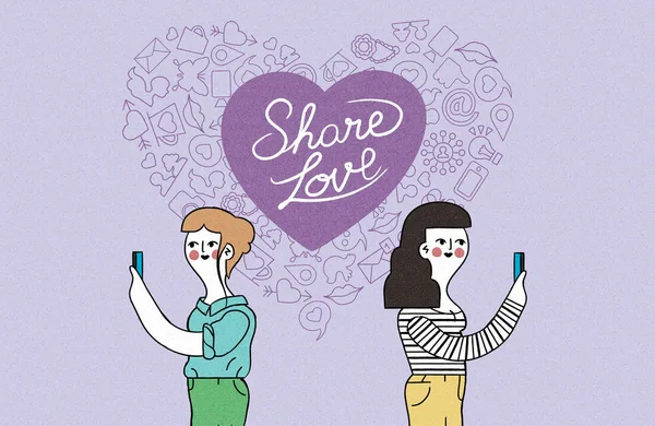 Mulheres casal no telefone internet amor ilustração — Vetor de Stock