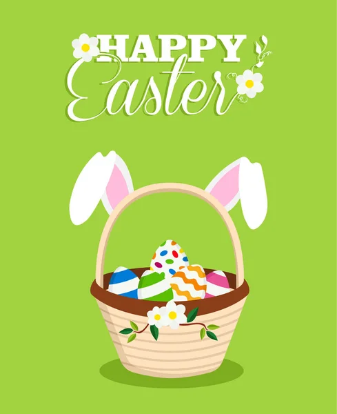 Lapin de Pâques heureux dans le panier d'œufs carte de vacances — Image vectorielle