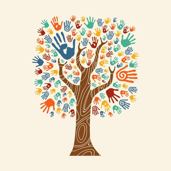 Mano árbol ilustración colorido diversa comunidad — Archivo Imágenes Vectoriales