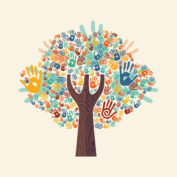 Illustration de communauté diverse colorée arbre à main — Image vectorielle