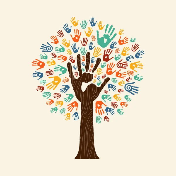 Print boom van de hand van diverse gemeenschap team — Stockvector