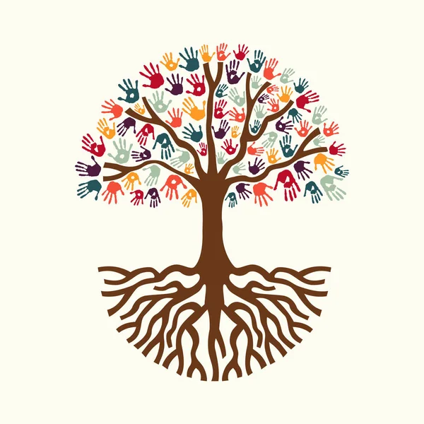 Ilustração de mão de árvore para ajuda de equipe de pessoas diversas — Vetor de Stock