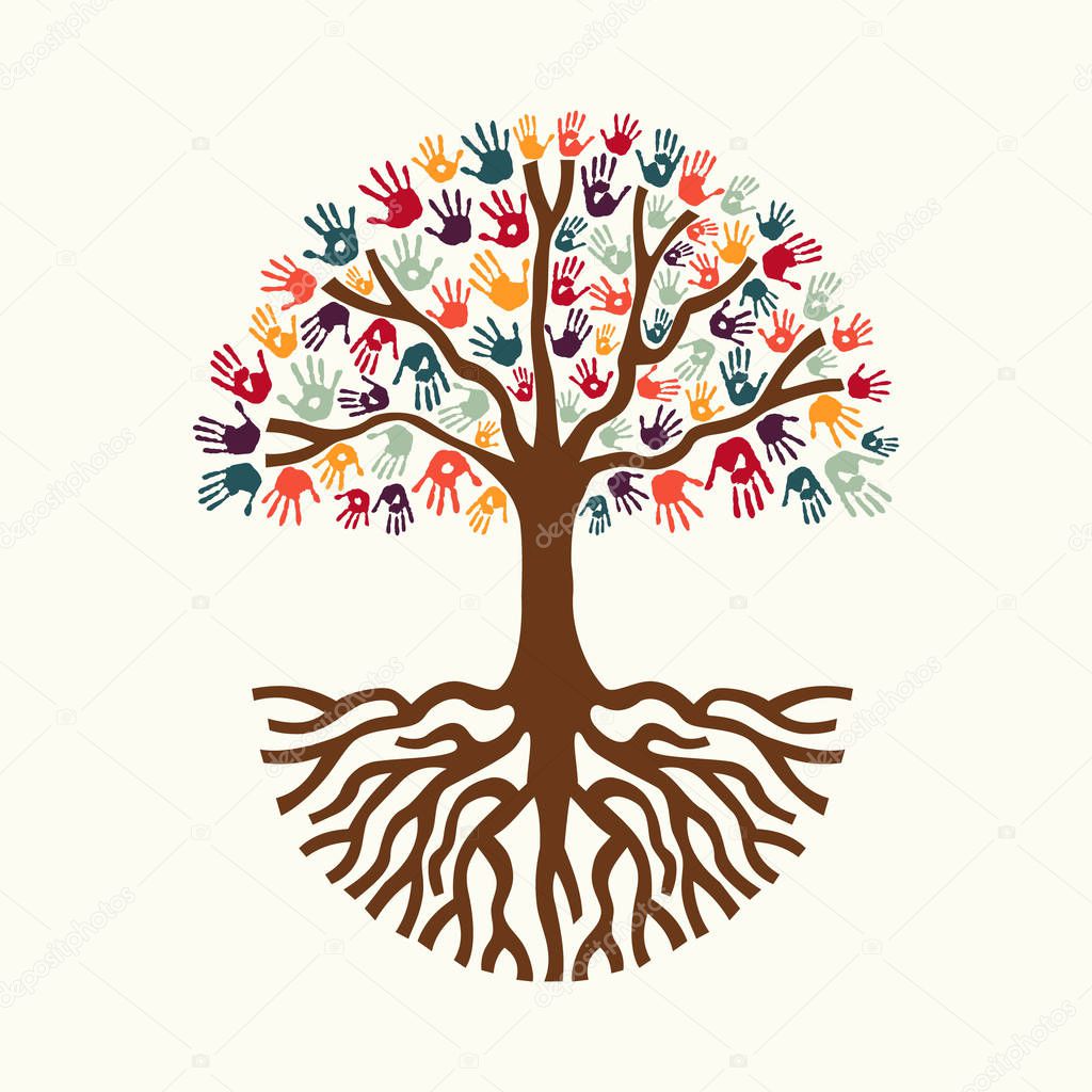Tree hand illustration for diverse people team help