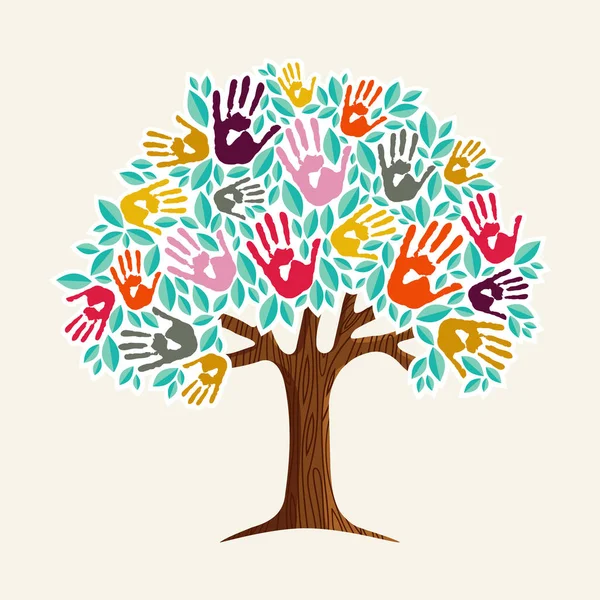 Tree hand illustration for diverse community help — Stock Vector