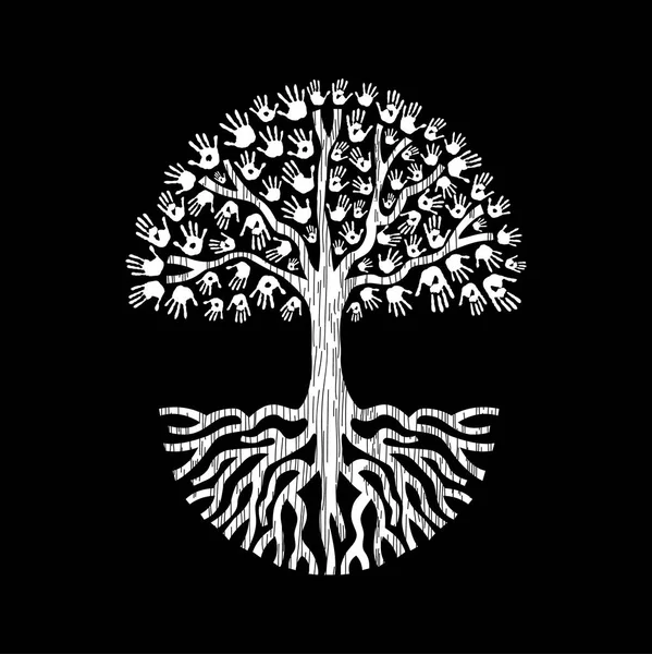 Ручне дерево в чорно-білому кольорі для допомоги громадам — стоковий вектор