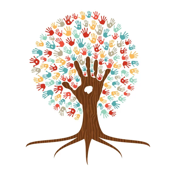 Hand print art tree illustration for community help — Stock Vector