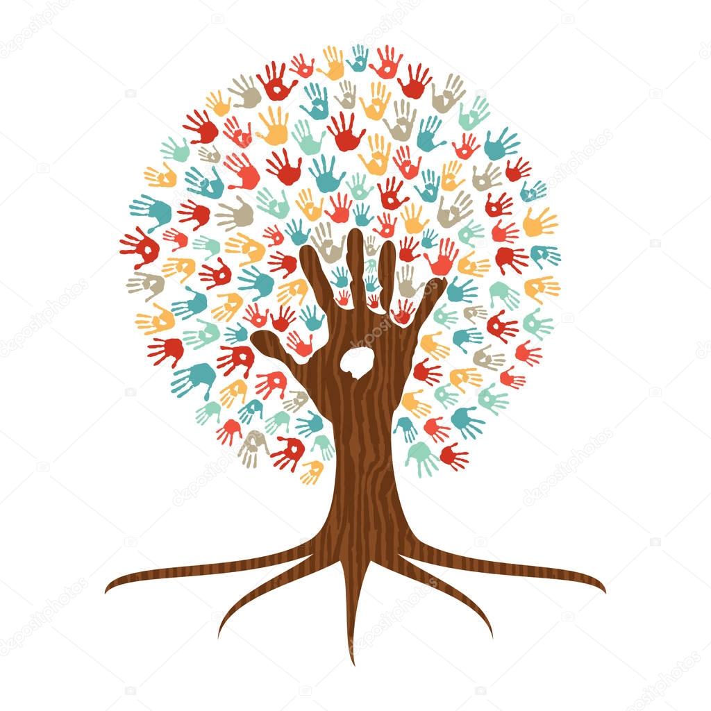 Hand print art tree illustration for community help