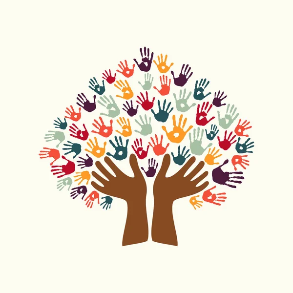 Empreinte main arbre ethnique symbole de la diversité culturelle — Image vectorielle