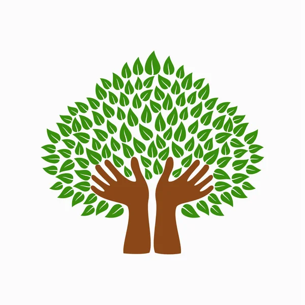 Símbolo de árbol de manos humano verde para ayuda comunitaria — Vector de stock