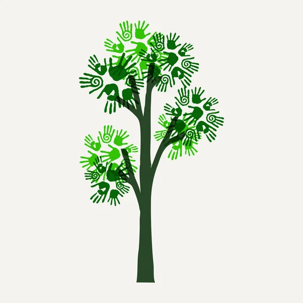Green hand print tree illustration for nature help — Stock Vector