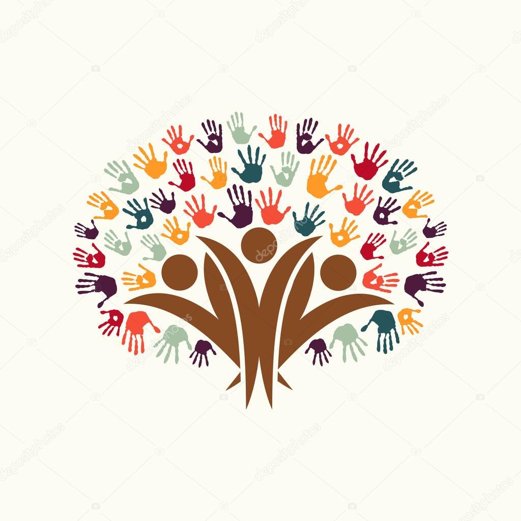 Hand print people tree symbol for community help
