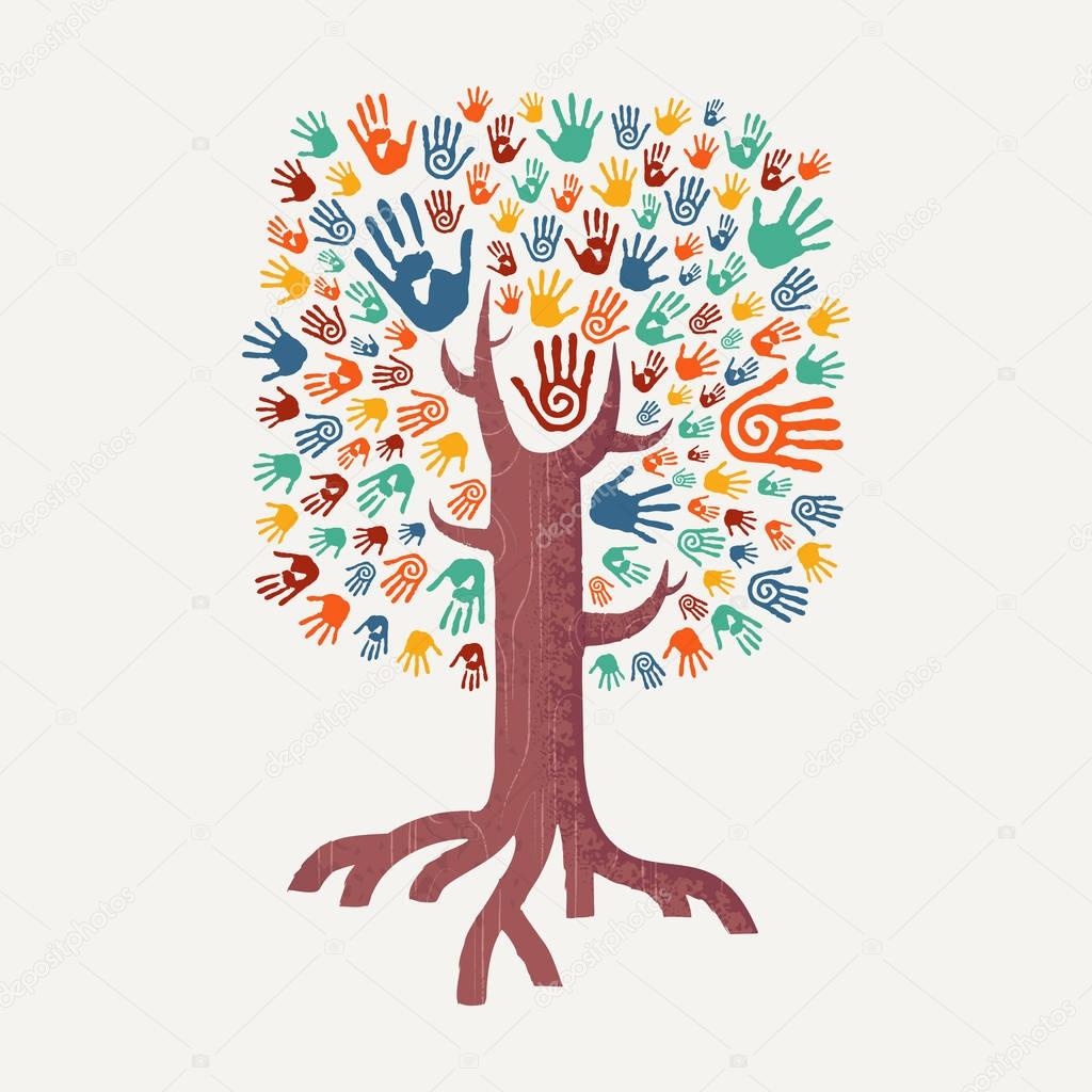 Hand drawn handprint tree for community help