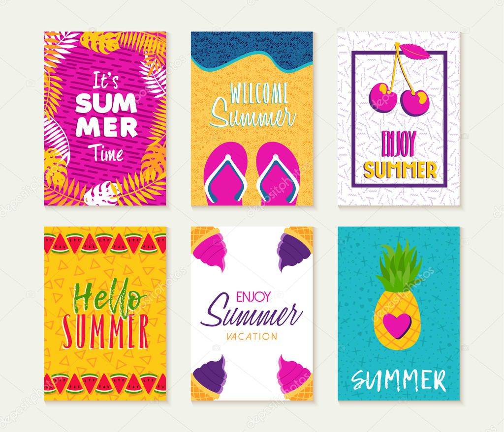 Summer greeting card design set of vacation season