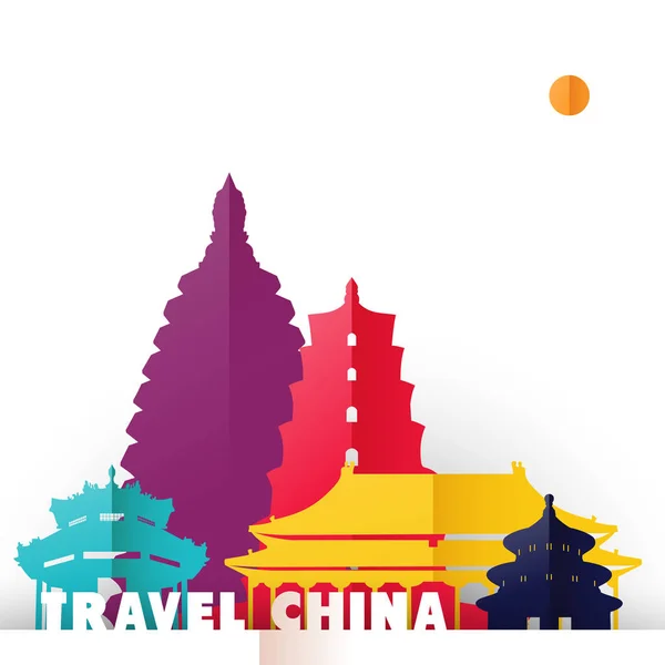 여행 중국 종이 잘라 세계 기념물 — 스톡 벡터