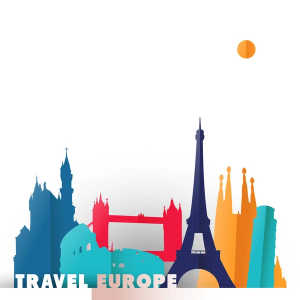 Ταξίδια Ευρώπη χαρτιού κομμένα μνημεία παγκόσμιας — Διανυσματικό Αρχείο