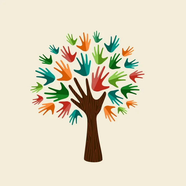 Concepto de árbol de manos humano para ayuda comunitaria — Vector de stock