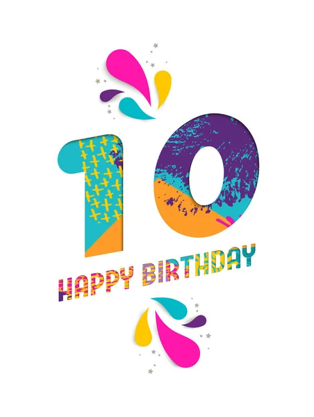 Feliz cumpleaños tarjeta de felicitación de corte de papel de 10 años — Vector de stock