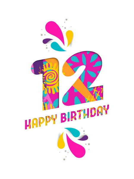 Feliz cumpleaños 12 años tarjeta de felicitación de corte de papel — Vector de stock