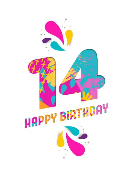 Joyeux anniversaire 14 ans papier coupé carte de vœux — Image vectorielle