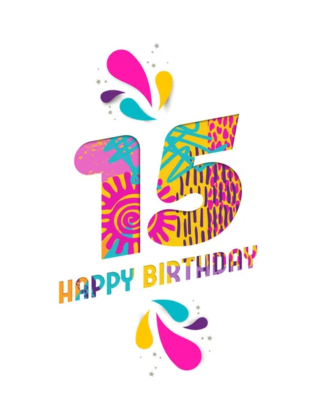 Joyeux anniversaire 15 ans papier coupé carte de vœux — Image vectorielle