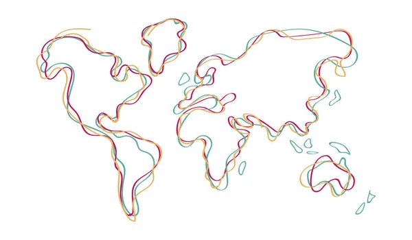 Mappa del mondo scarabocchio colore contorno disegnato a mano arte — Vettoriale Stock