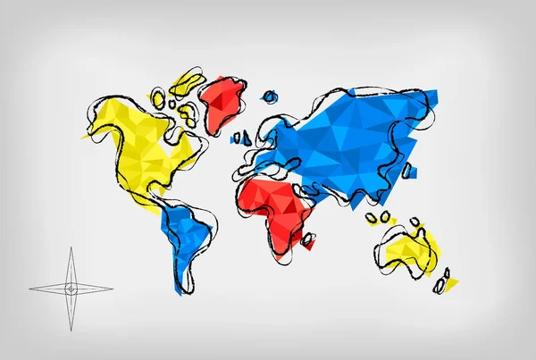 Mapa del mundo bajo poli arte doodle concepto de ilustración — Vector de stock