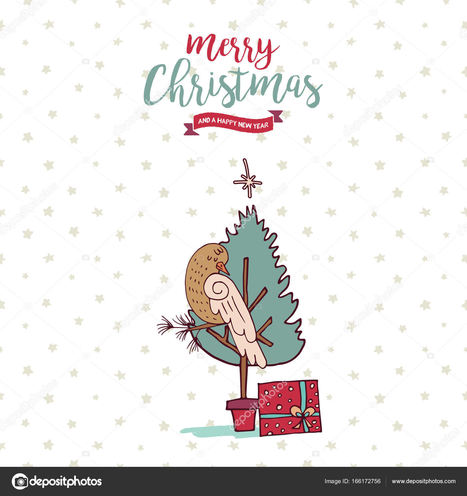 Oiseau De Noël De Vacances Pin Arbre Carte Dessin Animé