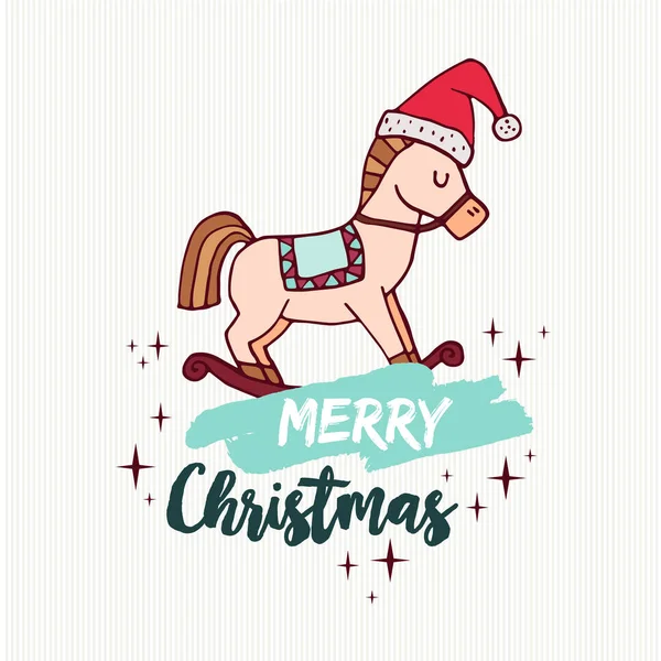 Navidad balanceo caballo juguete vacaciones tarjeta de dibujos animados — Vector de stock