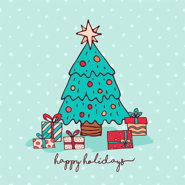 Vánoční borovice strom kreslený svátečními pozdravy — Stockový vektor