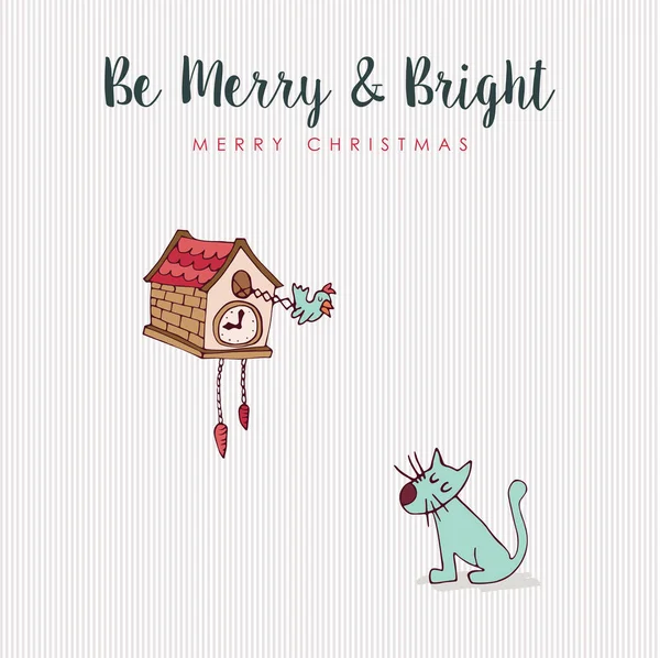 Рождественская открытка из мультфильма про кошку и птицу — стоковый вектор