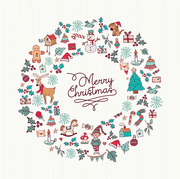 Noël main dessinée mignon vacances couronne carte art — Image vectorielle