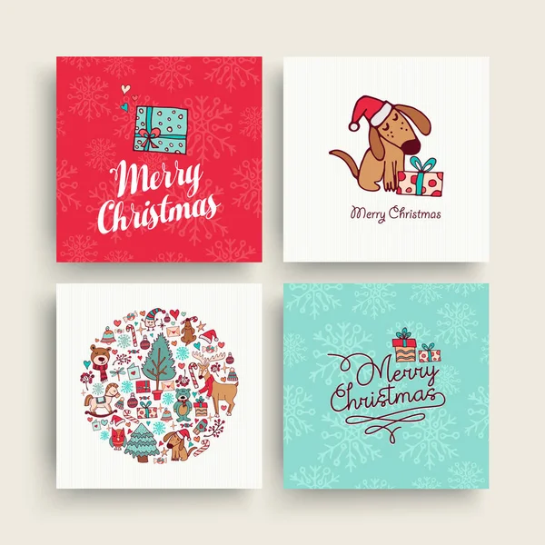 Navidad lindo mano dibujado juego de tarjetas de vacaciones cachorro — Vector de stock