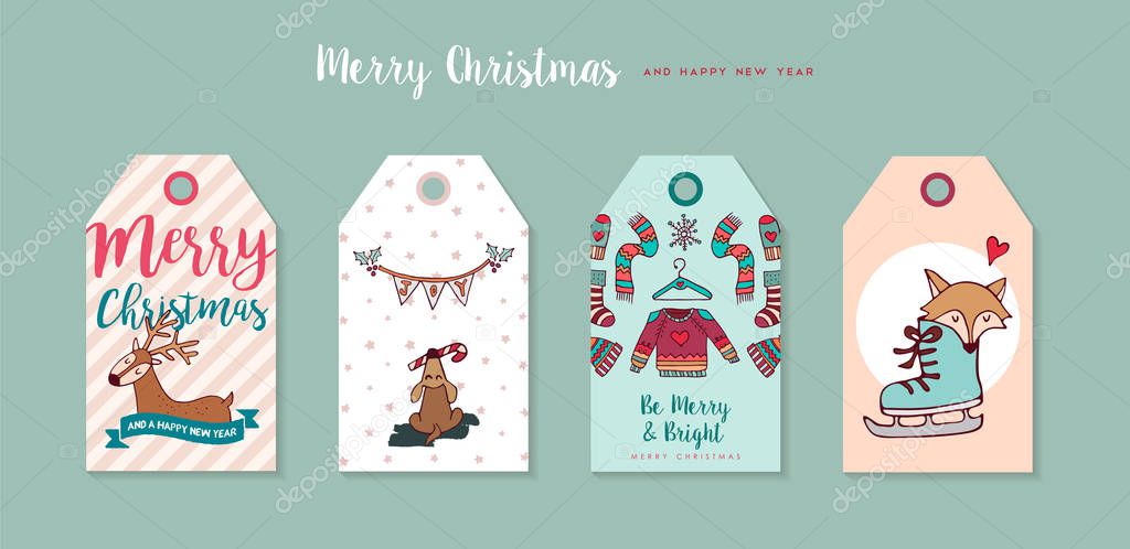 Christmas and new year cute cartoon label set 