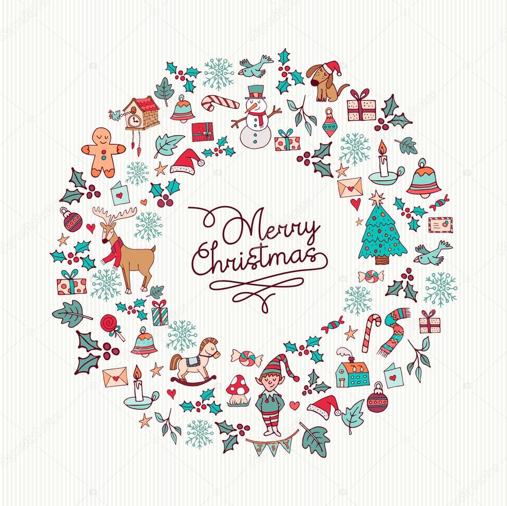 Christmas hand drawn cute holiday wreath card art