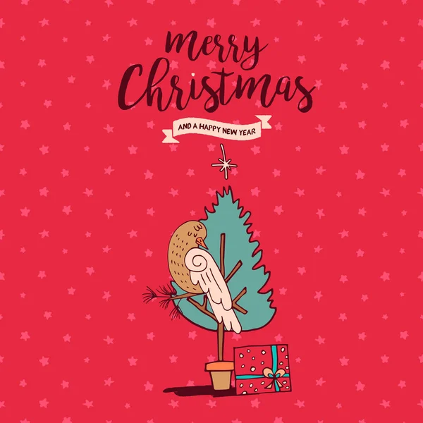 Pássaro de Natal em desenho animado de cartão de árvore de pinho de férias —  Vetores de Stock