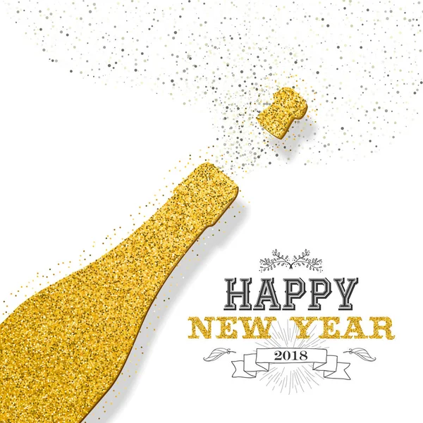 Happy new year 2018 party bottle gold glitter card — Stock Vector