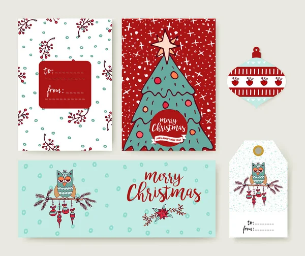 Christmas tree cartoon holiday greeting card set — Stock Vector