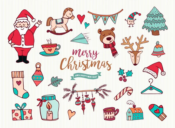 Natale nuovo anno carino doodle cartoon collection — Vettoriale Stock