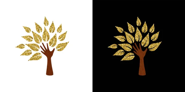 Gold glitter hand tree symbol for nature help — Stock Vector