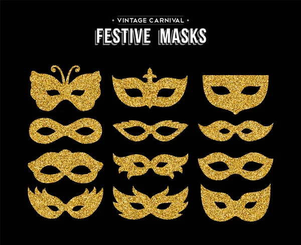 Máscara de carnaval de brilho dourado definida para evento de festa — Vetor de Stock