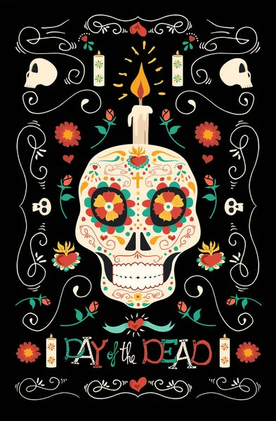 Día de la mano muerta dibujado arte del cráneo de azúcar mexicano — Vector de stock