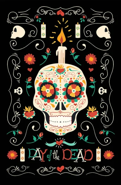 Day of the dead hand drawn mexican sugar skull art — Stock Vector