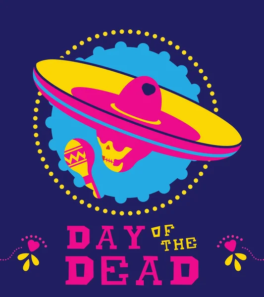 Día del cráneo de mariachi muerto en sombrero mexicano — Vector de stock