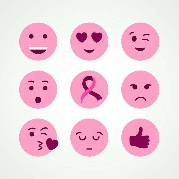 Breast cancer awareness pink emoji face icon set — Stock Vector