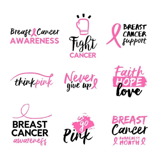 Conjunto de cita de texto dibujado a mano conciencia cáncer de mama — Vector de stock