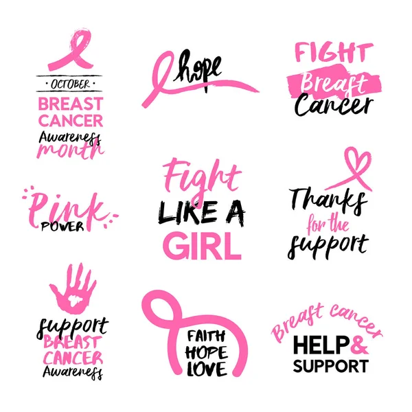 Bröst cancer awareness rosa handritad citat set — Stock vektor