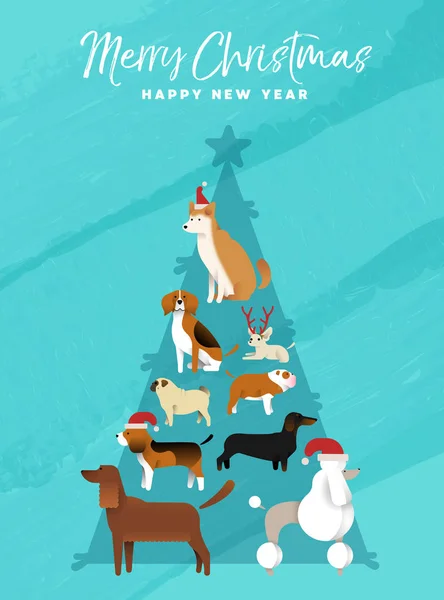 การ์ดอวยพรสุนัขต้นสนคริสต์มาสและปีใหม่ — ภาพเวกเตอร์สต็อก