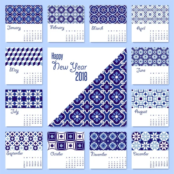 Szablon kalendarza płytki mozaika niebieski nowy rok 2018 — Wektor stockowy