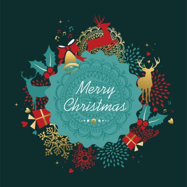 Neşeli Noel altın geyik çelenk tebrik kartı