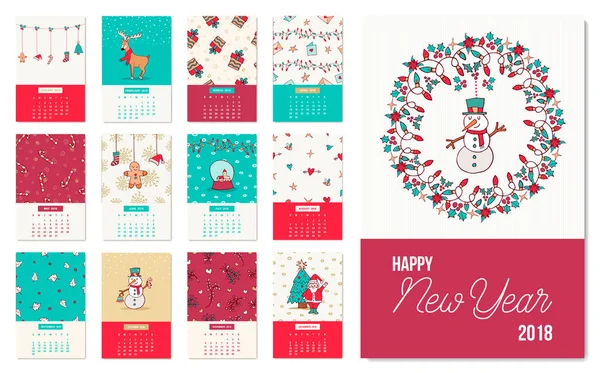 Šťastný nový rok 2018 roztomilý vánoční šablona kalendáře — Stockový vektor